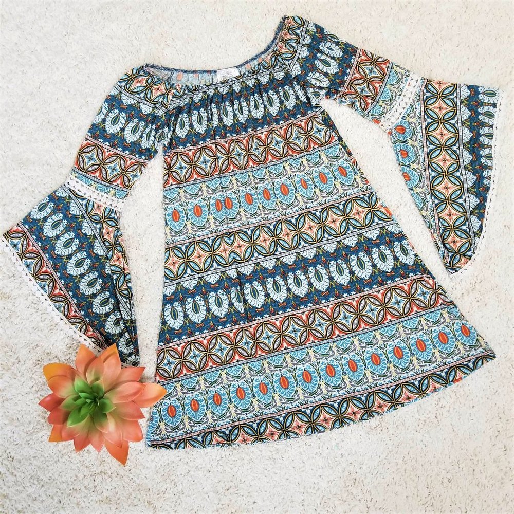 Dress. Teal, Burnt Orange, Multi Print. Southern Fried Chics Brand. Size Small. - Picture 6 of 9